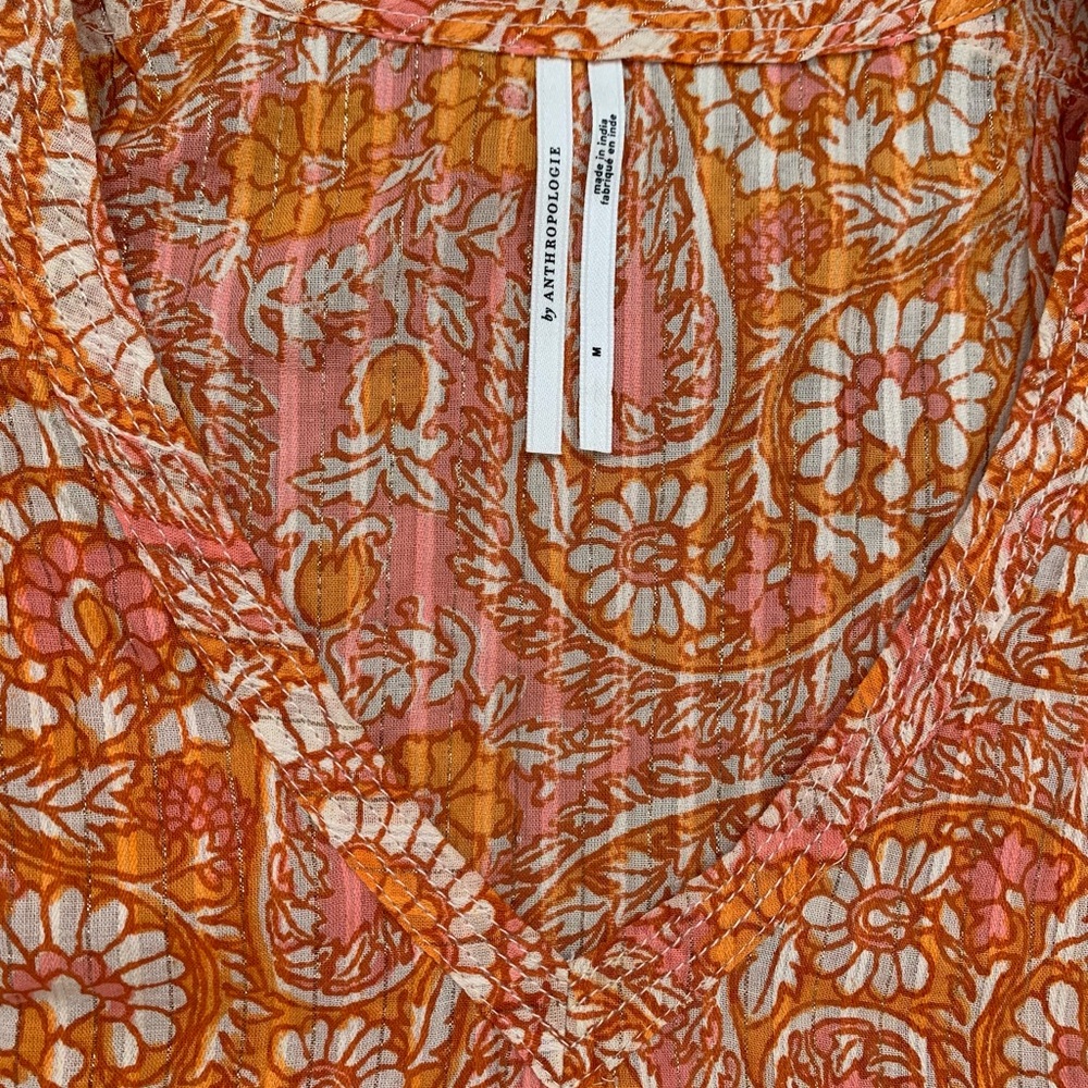 Anthropologie Shirred Cap Sleeve Tassel Blouse - Picture 2 of 8